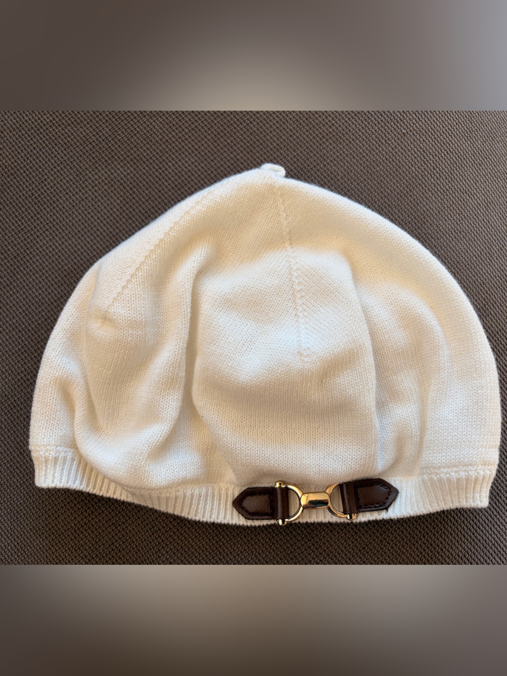 Janie and Jack Cream Knit Beret with Brown Buckle Accent
